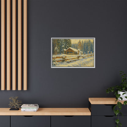 Snowy cabin winter landscape canvas wall art by Printify, featuring a snowy scene of a cozy cabin on a matte framed canvas.
