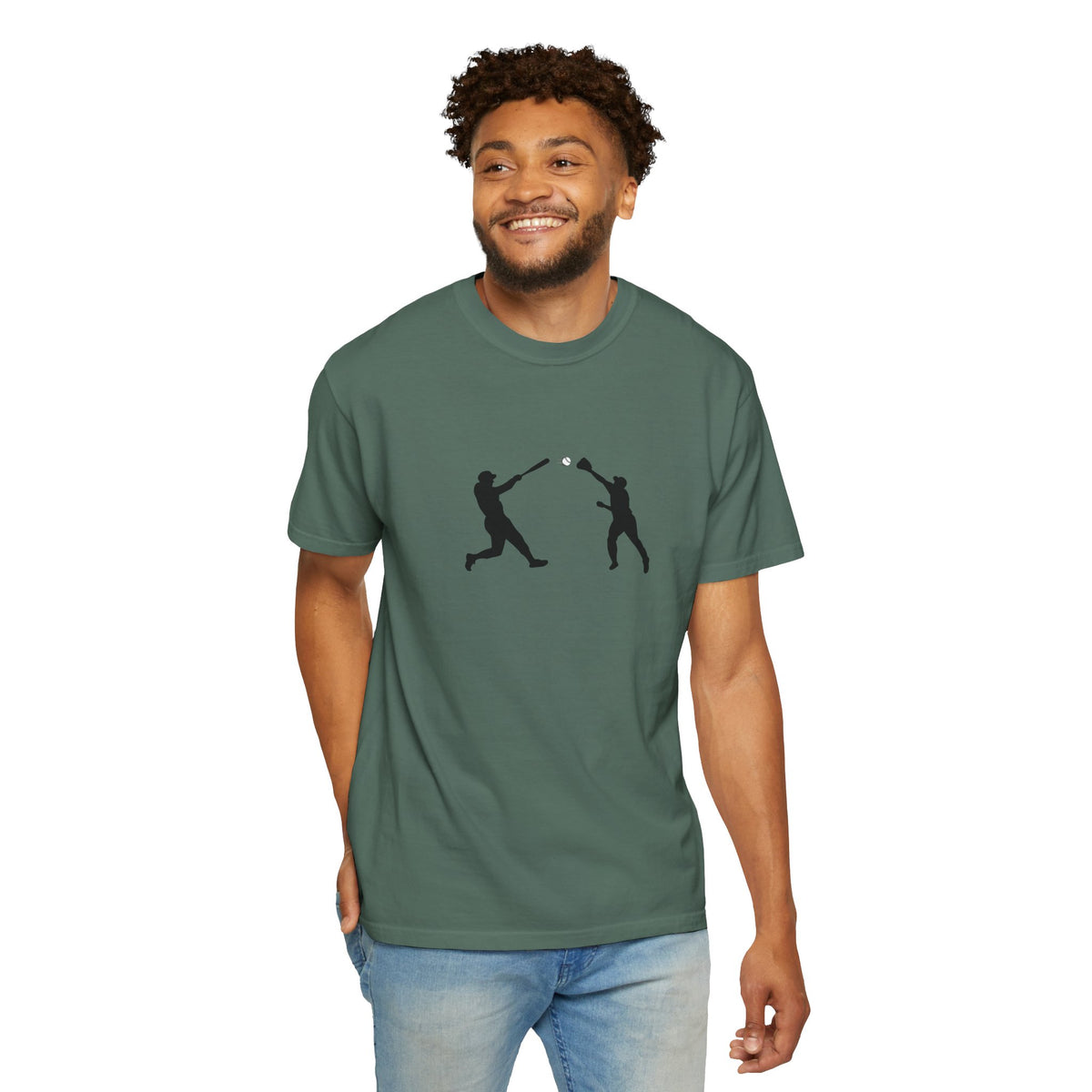 Minimal baseball player silhouette graphic T-shirt by Printify, featuring a simple baseball players design on a comfortable T-shirt.