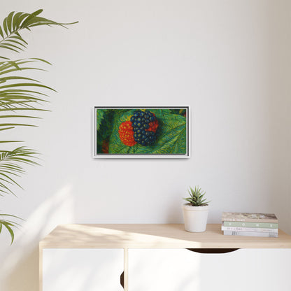 Blackberry still life framed canvas print by Printify, featuring a detailed image of ripe blackberries on a canvas artwork.