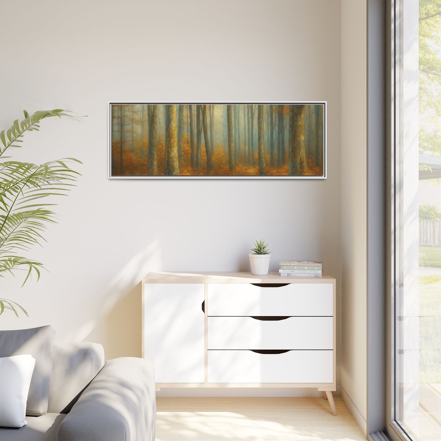 Framed autumn forest canvas print featuring misty woodland scene, wall art by Printify, showcasing vibrant fall trees and natural landscape.