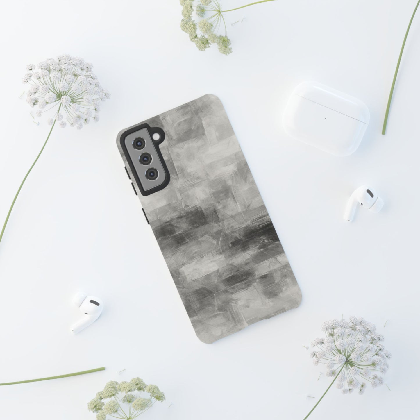Abstract gray grid phone case for iPhone, tough protective cover by Printify, featuring a modern geometric design.