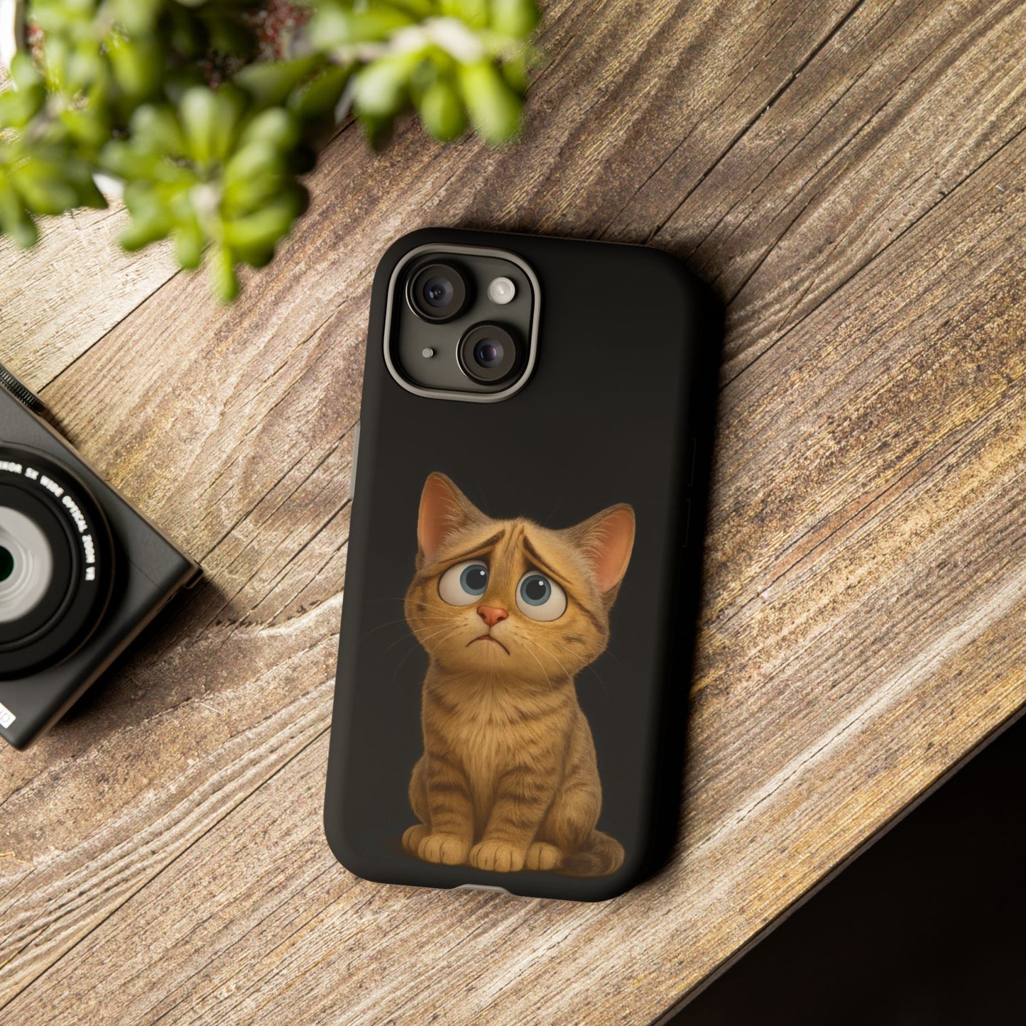 Cute sad kitty print phone case for iPhone, protective and stylish, featuring a sad kitten design on a Printify iPhone case.