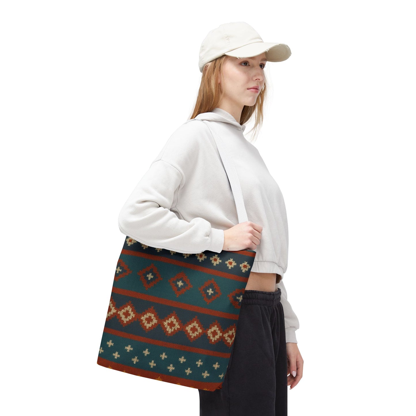 Southwestern diamond pattern tote bag with Aztec tribal geometric print, featuring sturdy handles and vibrant colors.