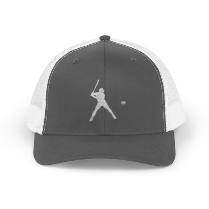 Vintage baseball snapback trucker cap with batter silhouette, printed by Printify, featuring a classic mesh back and structured front.