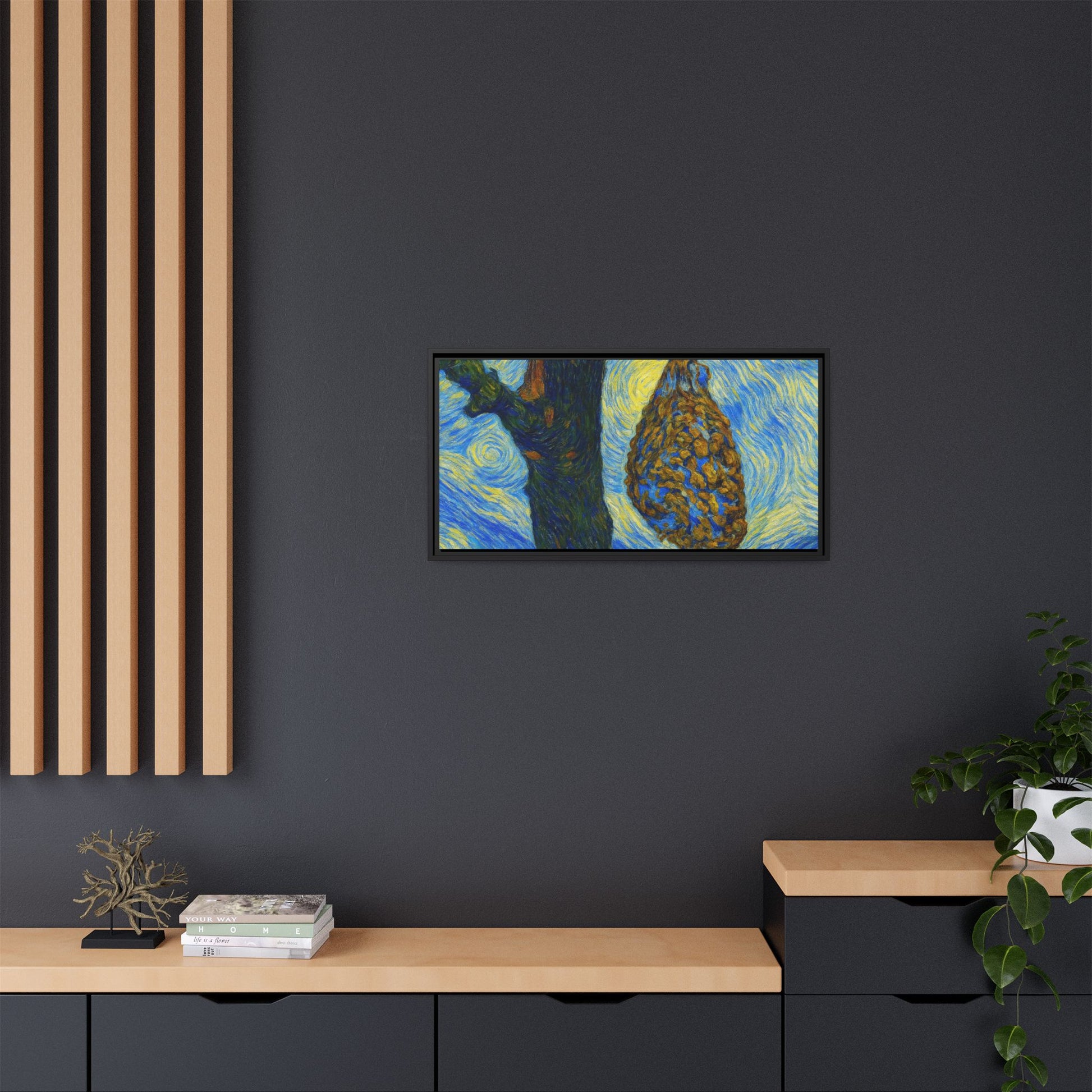 Framed matte canvas art of a starry nut cluster with dried plum in a tree, printed by Printify.