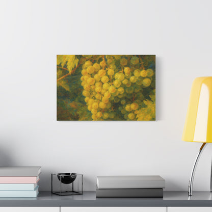 Yellow grape cluster canvas print by Printify showing vibrant yellow grapes hanging in a cluster on a textured canvas background.