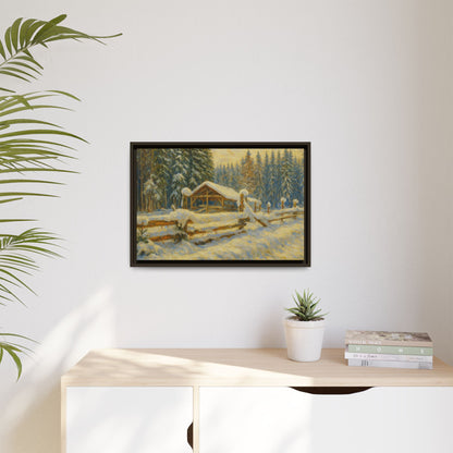 Snowy cabin landscape painting on matte canvas framed wall art by Printify, featuring a winter scene with snow-covered trees and cozy cabin.