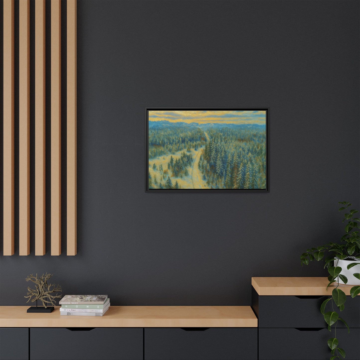 Framed matte canvas print of a peaceful winter forest landscape by Printify, showcasing snowy trees and serene natural scenery.