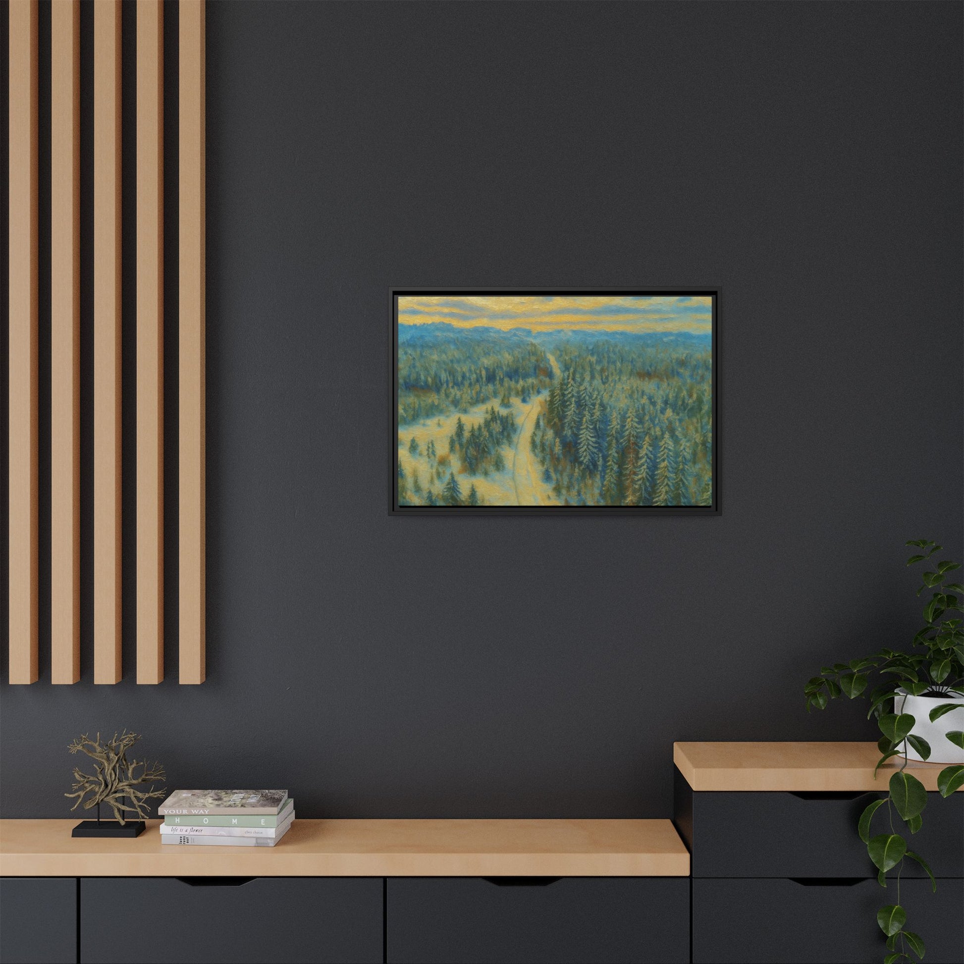 Framed matte canvas print of a peaceful winter forest landscape by Printify, showcasing snowy trees and serene natural scenery.