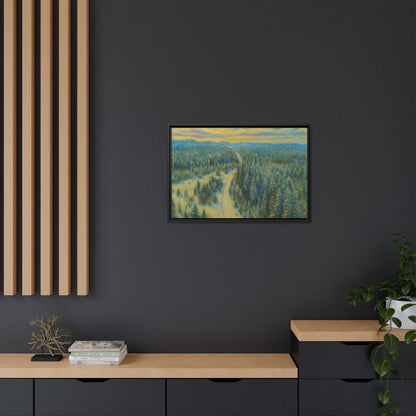 Framed matte canvas print of a peaceful winter forest landscape by Printify, showcasing snowy trees and serene natural scenery.
