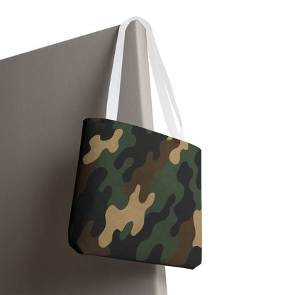 Camo pattern Printify tote bag with all-over print canvas design, showcasing a spacious carryall bag in a camouflage print.
