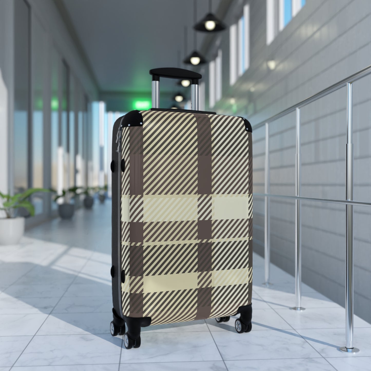 Plaid Carry-On Suitcase — Neutral Beige & Black Travel Luggage
