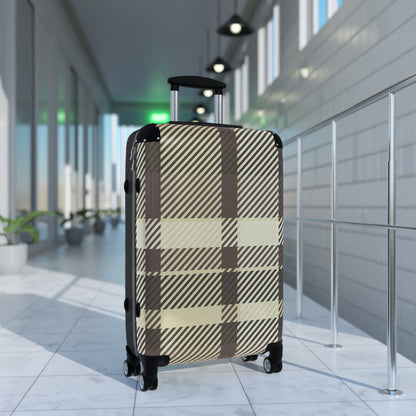 Plaid Carry-On Suitcase — Neutral Beige & Black Travel Luggage