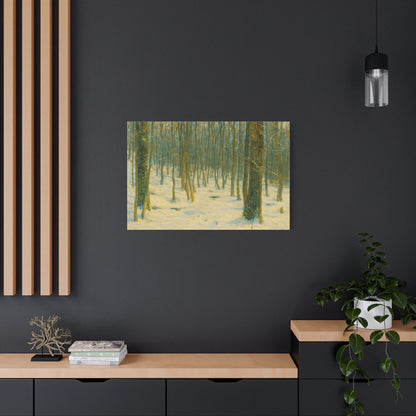 Snowy winter forest scene on a stretched matte canvas print by Printify, showcasing a serene winter landscape with snow-covered trees.