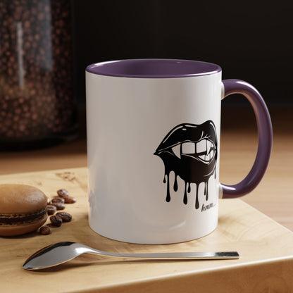 Black accent Dripping Bite Coffee Mug by Printify, 11oz or 15oz, featuring a unique dripping design and bold black details.