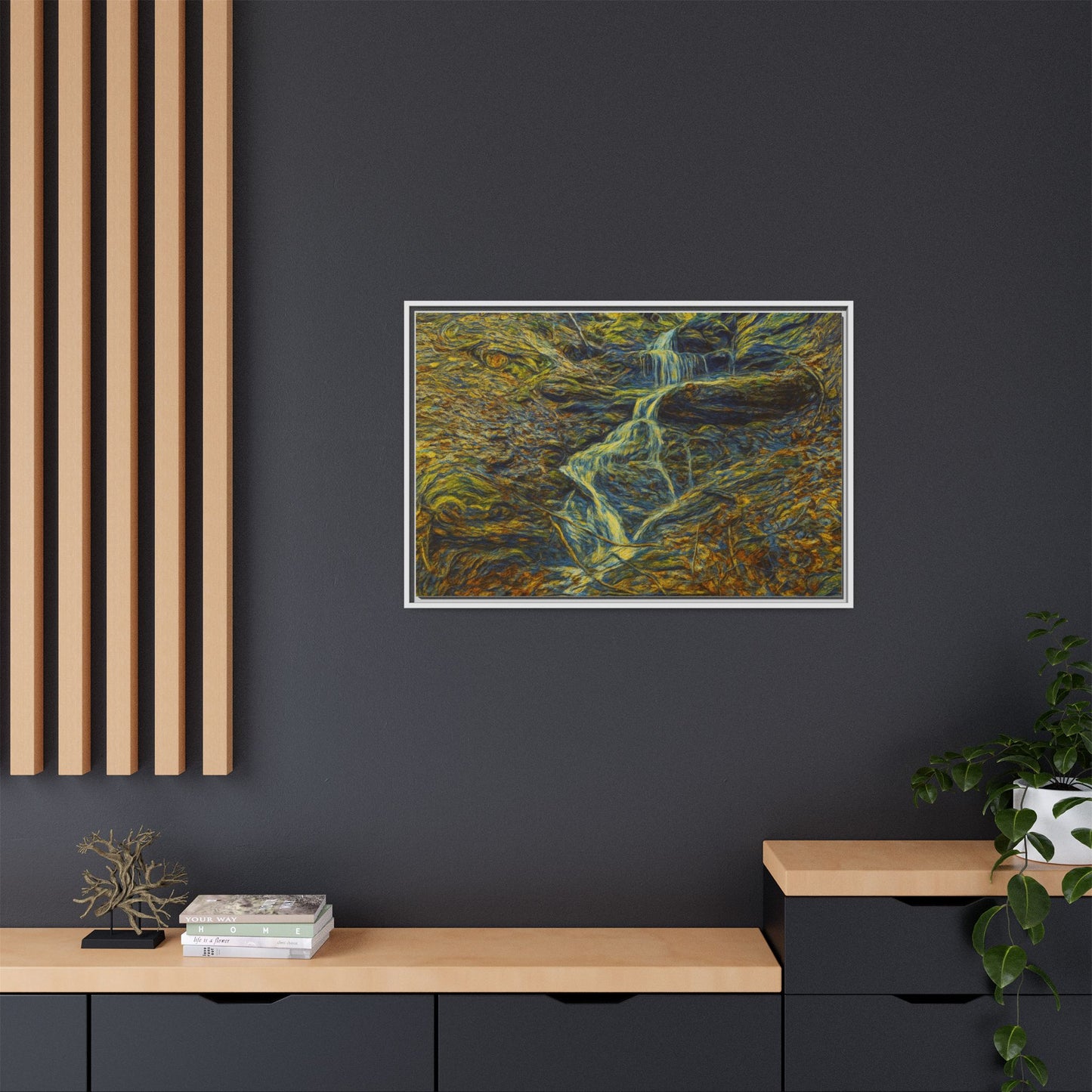 Framed matte canvas wall art featuring a serene autumn forest with a waterfall, by Printify.