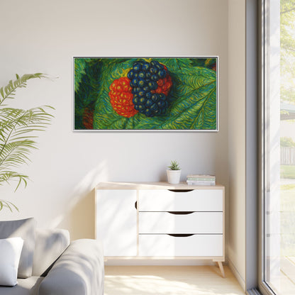 Blackberry still life framed canvas print by Printify showcasing realistic blackberries on a canvas artwork.