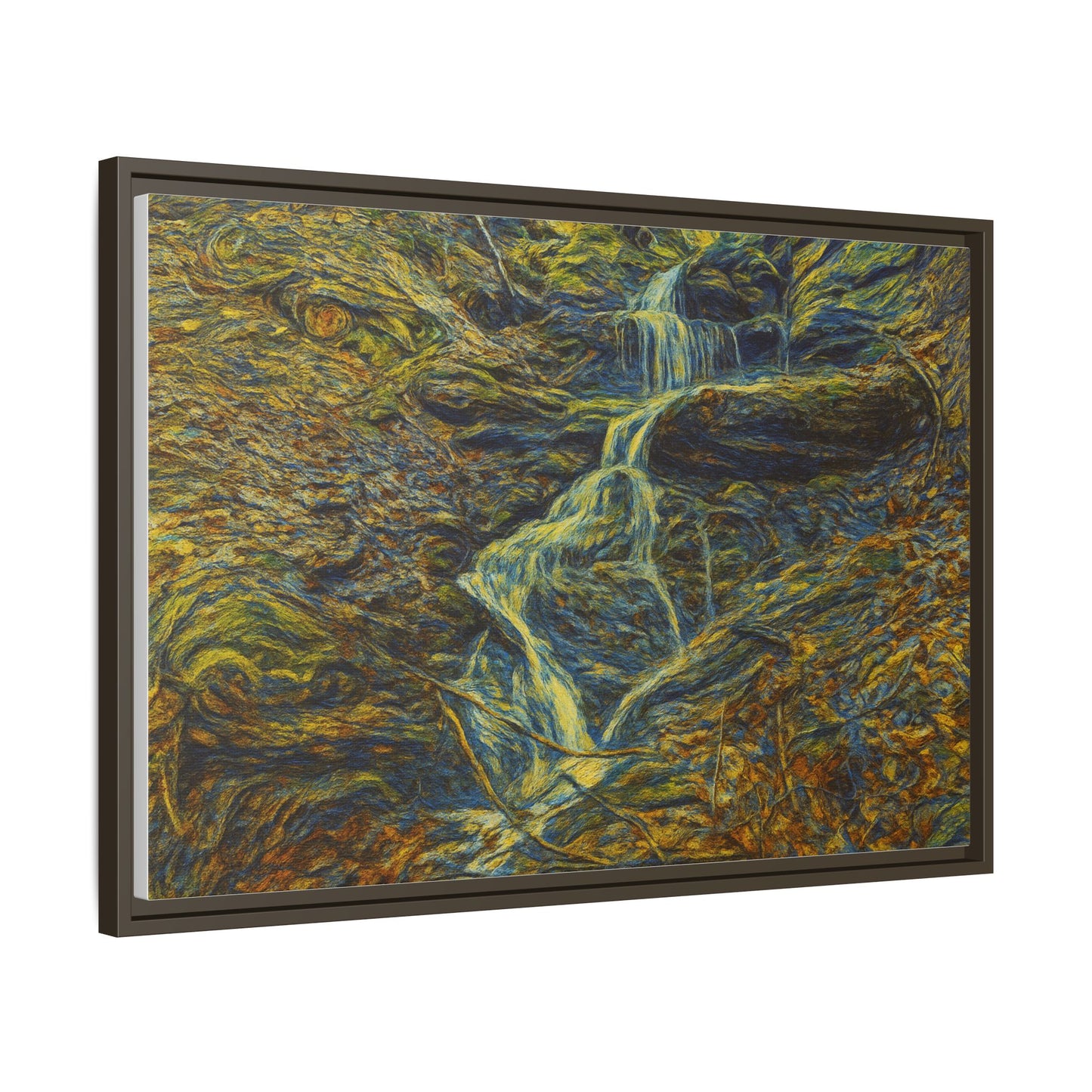 Framed matte canvas wall art featuring a scenic autumn forest with a waterfall, by Printify.