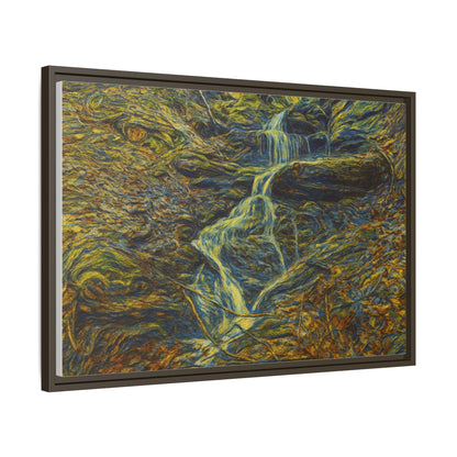 Framed matte canvas wall art featuring a scenic autumn forest with a waterfall, by Printify.
