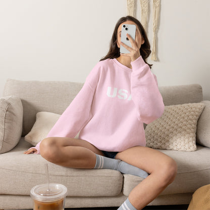Printify USA crewneck sweatshirt with patriotic design, cozy fit, perfect for all seasons, casual American-themed apparel.