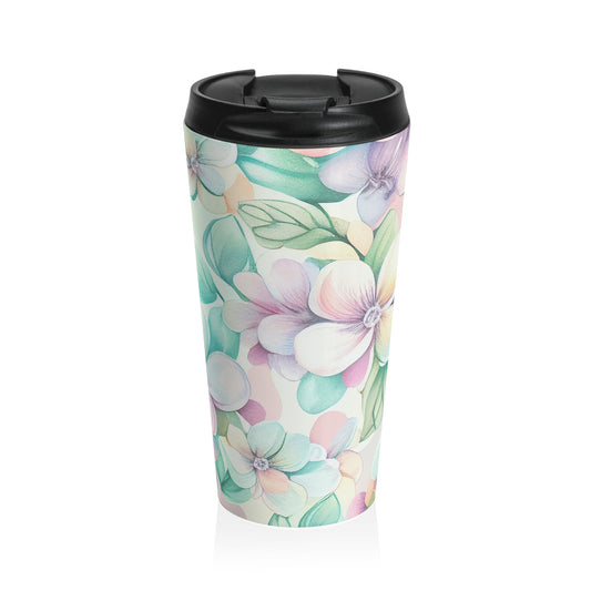 Pastel hydrangea floral 15oz insulated stainless steel travel mug