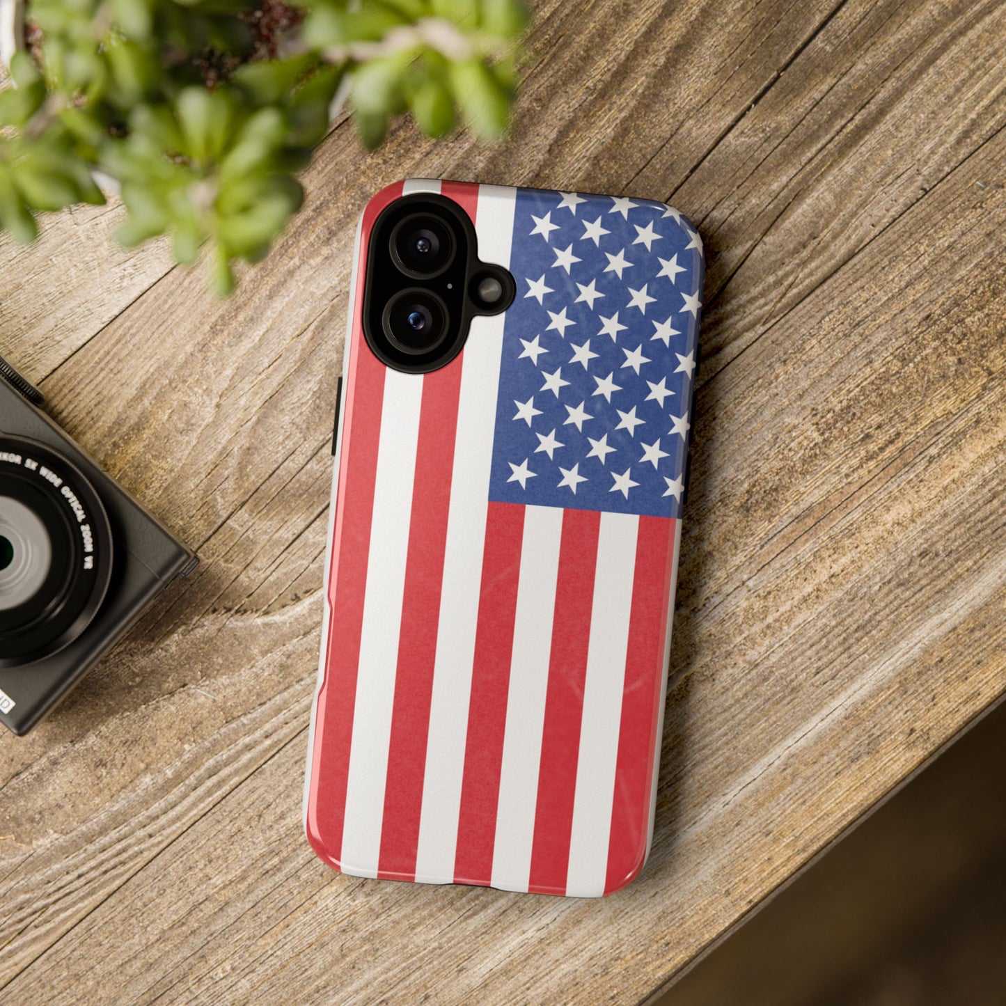 Durable American flag phone case for iPhone by Printify, featuring patriotic design and rugged protection for mobile devices.