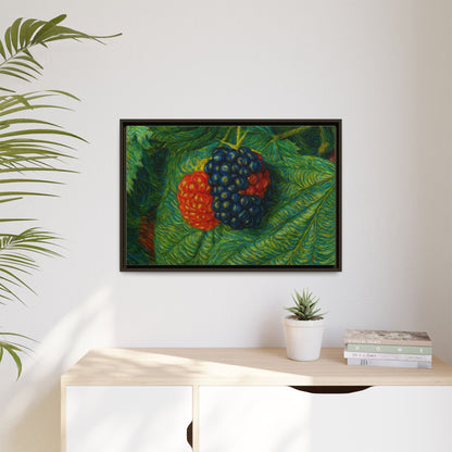 Blackberry still life framed canvas print by Printify showcasing realistic blackberries in a natural setting.