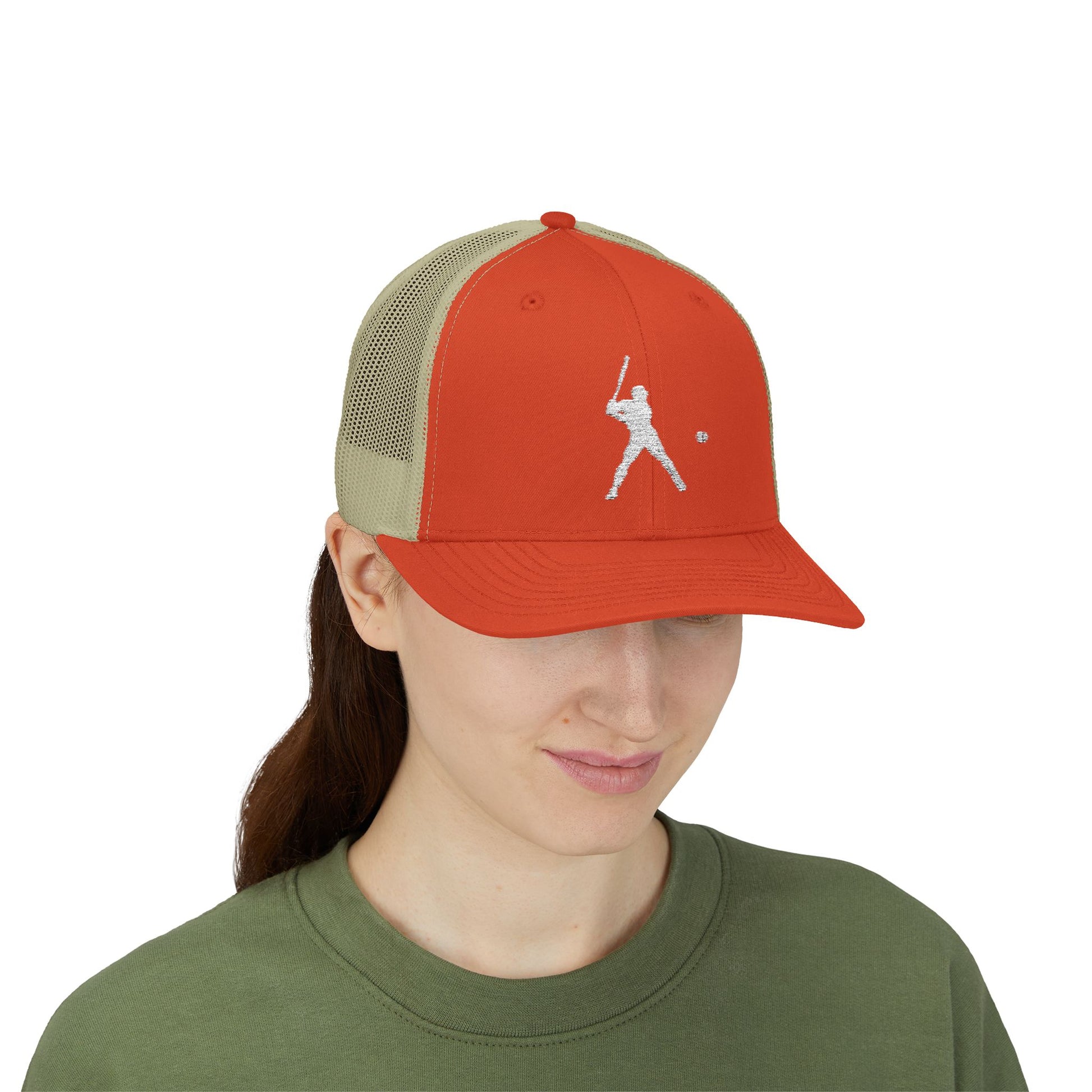 Vintage batter silhouette baseball snapback trucker cap by Printify, featuring classic trucker style and adjustable fit.