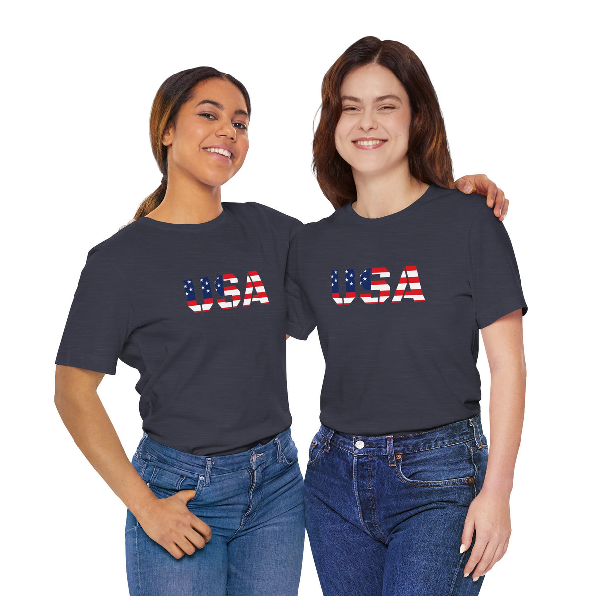 USA flag text T-shirt by Printify featuring patriotic Fourth of July design, casual tee with bold red, white, and blue flag graphics.