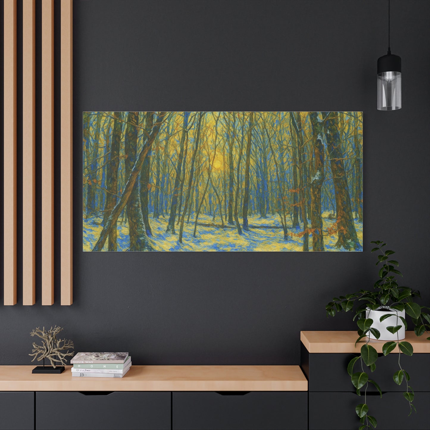 Winter woodland canvas print by Printify featuring sunlight filtering through trees on a matte stretched forest scene.
