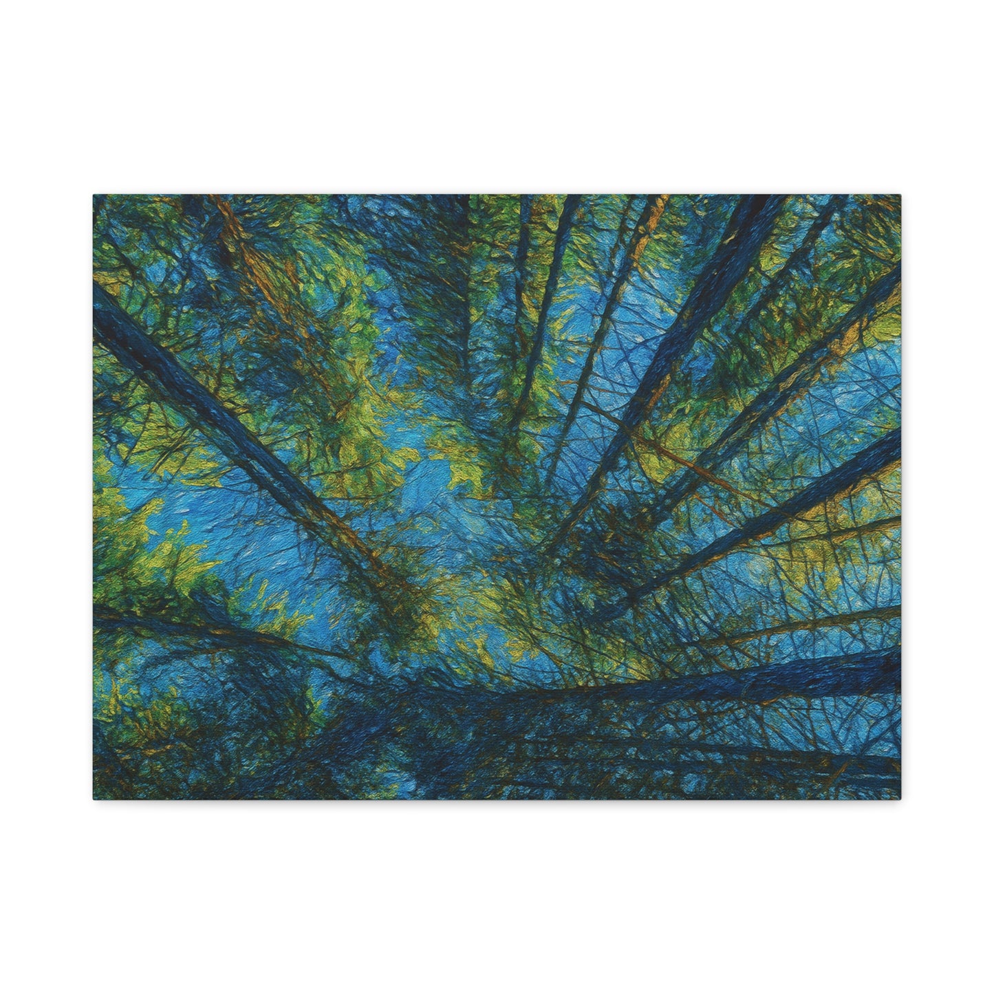 Forest Canopy Matte Canvas Wall Art — Upward View of Trees, Blue & Green Nature Print