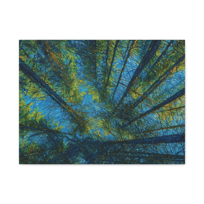 Forest Canopy Matte Canvas Wall Art — Upward View of Trees, Blue & Green Nature Print
