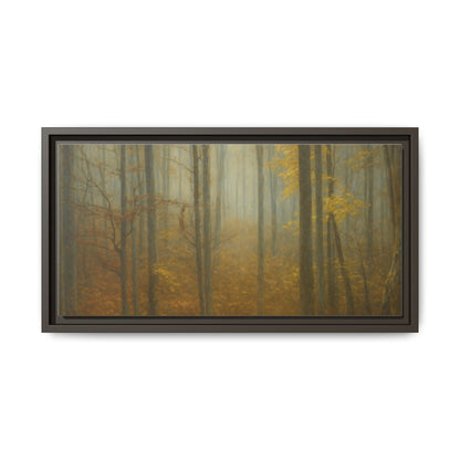 Framed matte canvas of a misty autumn forest wall art by Printify, showcasing fall trees and foggy landscape.