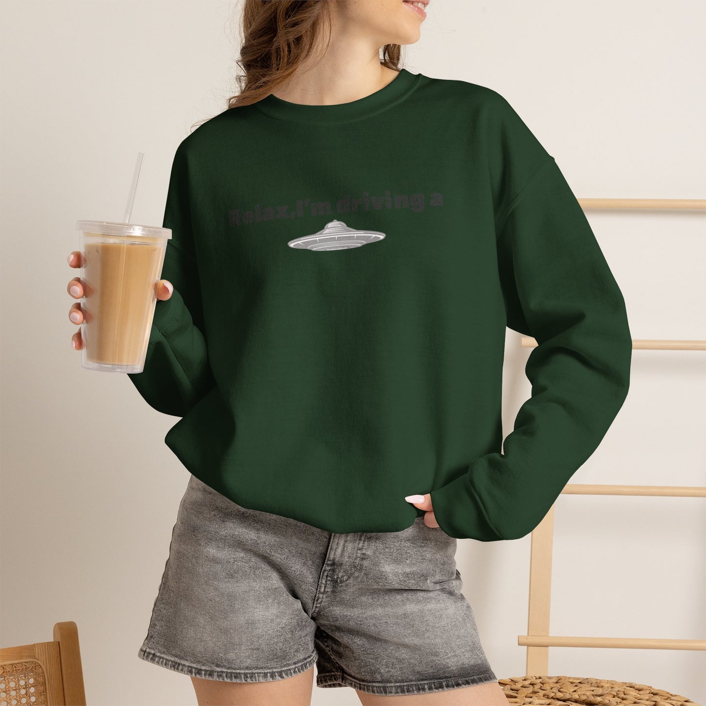 Relaxing UFO Driving Sweatshirt, Funny Gift for UFO Lovers, Unisex Crewneck Pullover, Casual Wear, Space Enthusiast Apparel