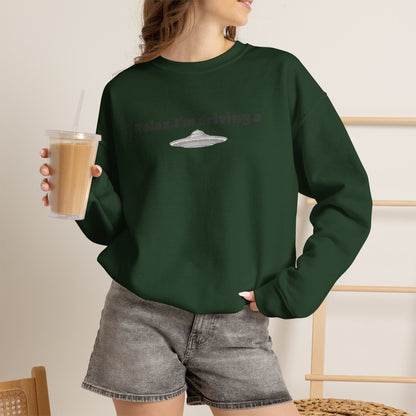 Relaxing UFO Driving Sweatshirt, Funny Gift for UFO Lovers, Unisex Crewneck Pullover, Casual Wear, Space Enthusiast Apparel