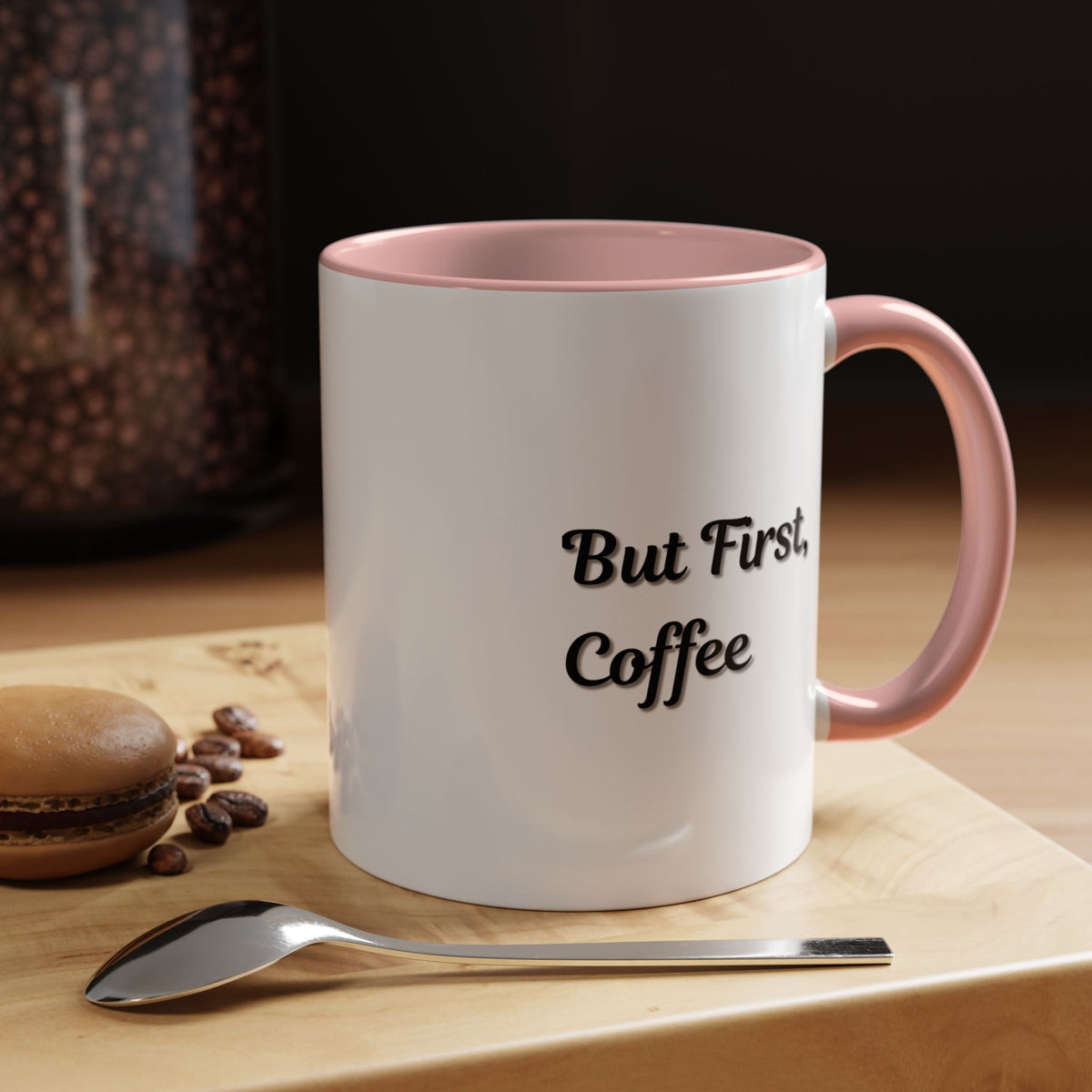 Black handle and rim coffee mug with “But First Coffee” text from Printify, 11oz or 15oz capacity, ceramic cup for coffee.