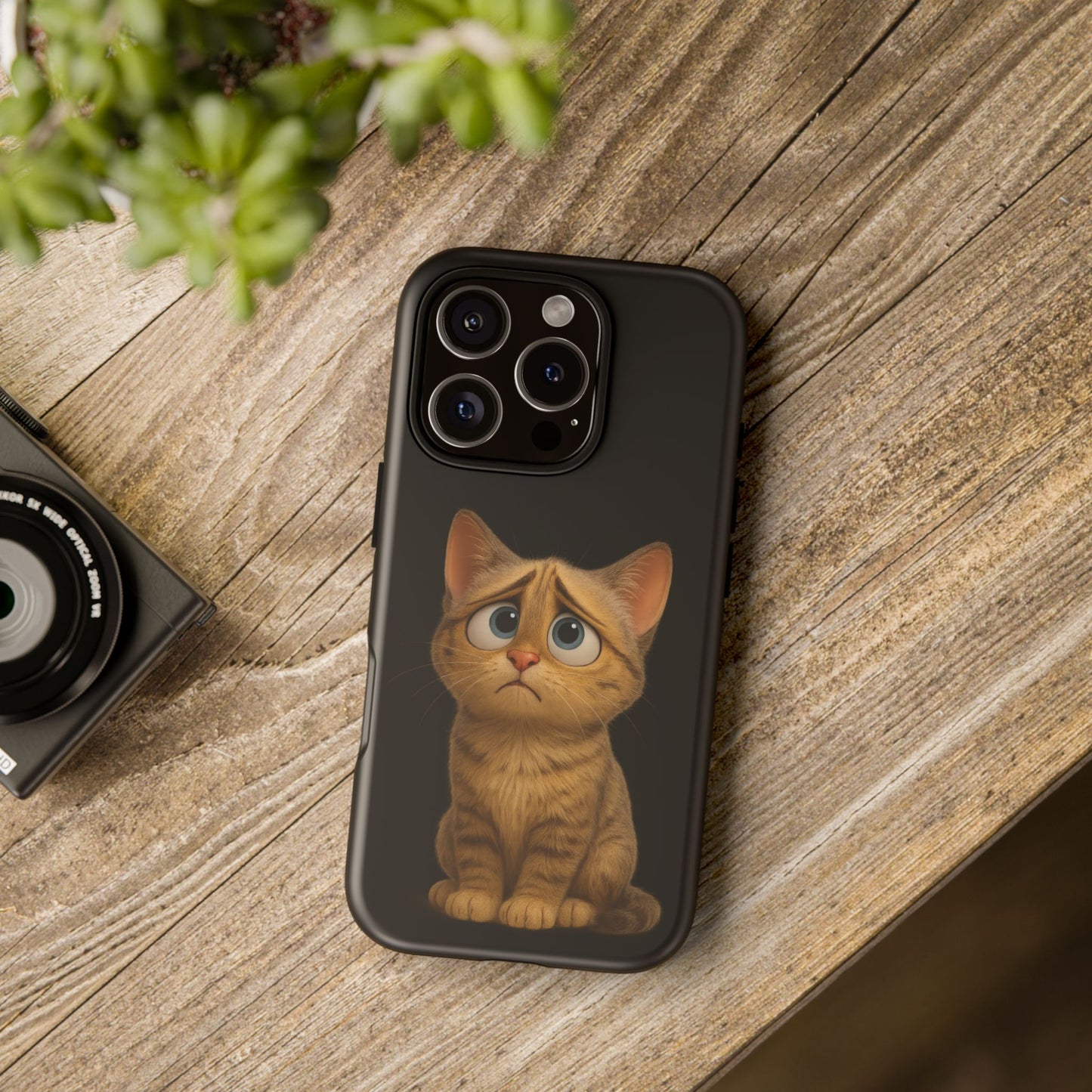 Cute sad kitty print phone case for iPhone by Printify, featuring a protective design with a sad cat illustration.