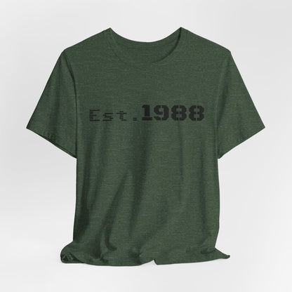 Black Printify retro logo T-shirt with "Est. 1988" print, casual fit, displayed flat on a white background.