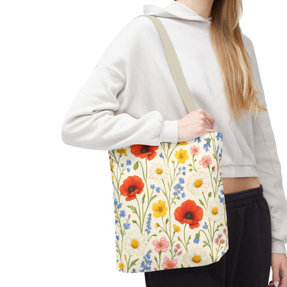 Wildflower Poppy print tote bag by Printify featuring a colorful floral all-over pattern on durable fabric.