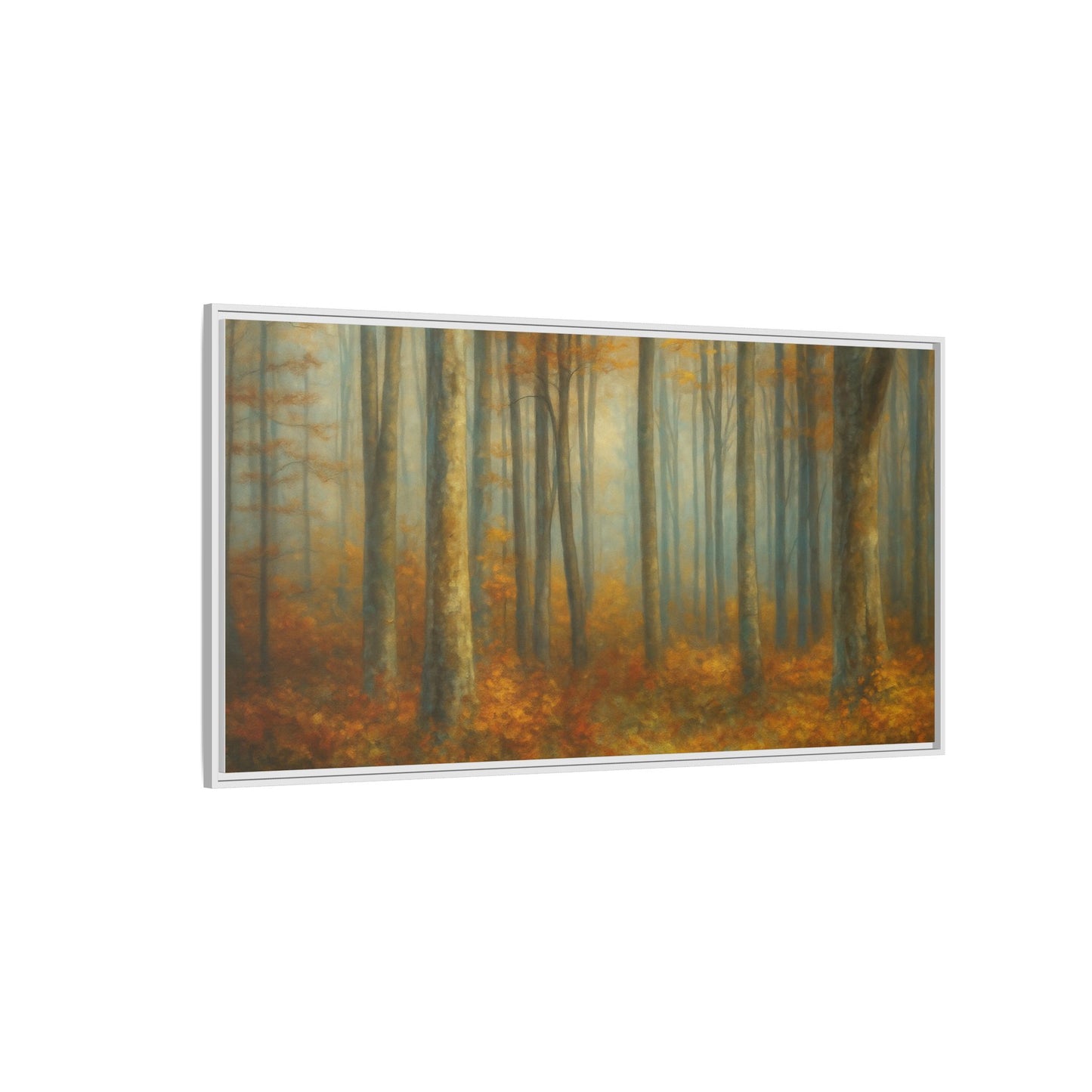 Framed autumn forest canvas print by Printify showing a misty woodland scene with colorful fall trees and a serene natural landscape.
