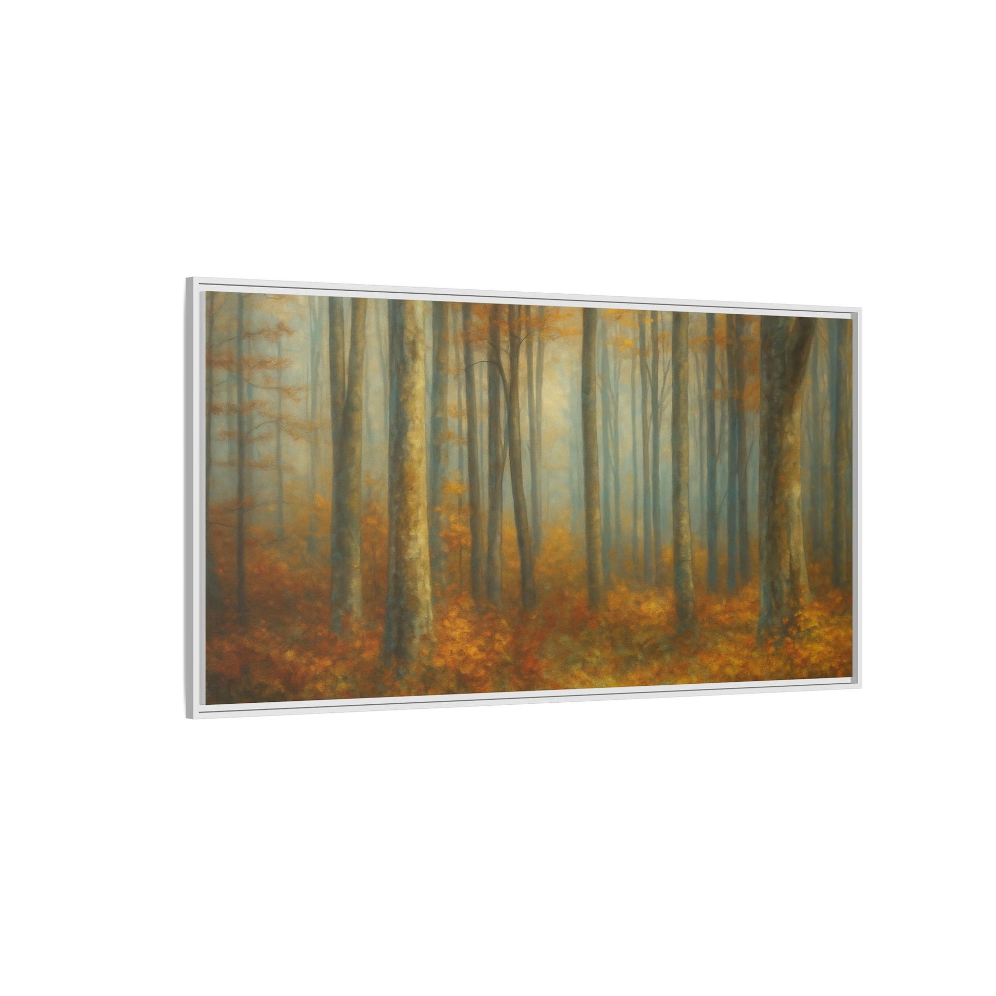 Framed autumn forest canvas print by Printify showing a misty woodland scene with colorful fall trees and a serene natural landscape.