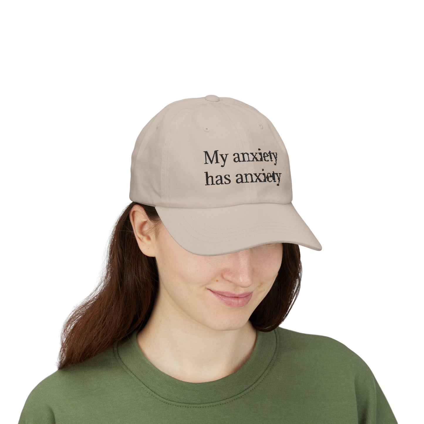 Dad Cap — "My anxiety has anxiety" Embroidered White Baseball Hat