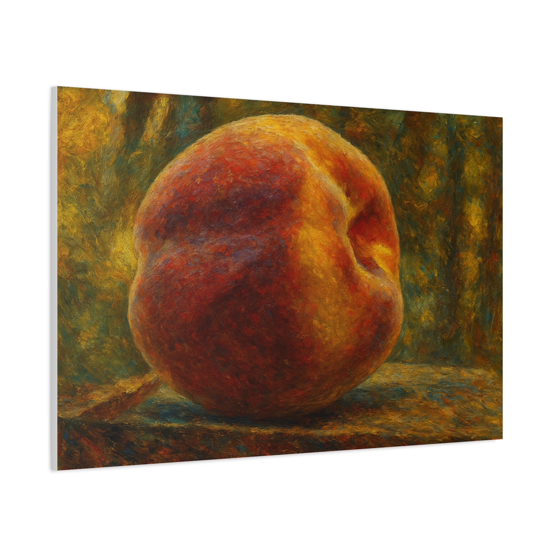 Peach still life matte canvas print by Printify, stretched 1.25-inch wall art featuring a vibrant peach fruit arrangement.