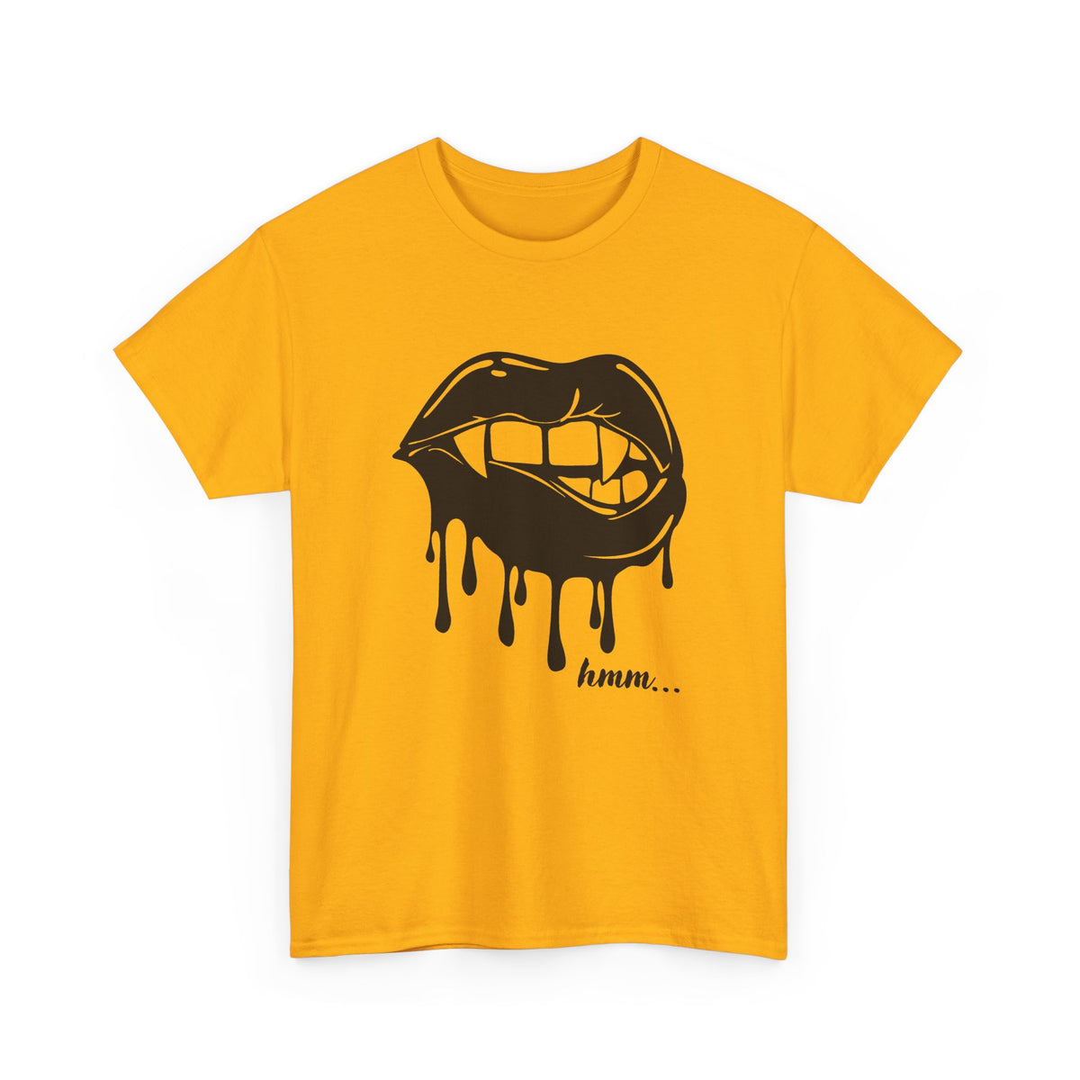 Black graphic T-shirt by Printify featuring dripping lips and a 'hmm...' bite design on the front.