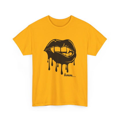 Black graphic T-shirt by Printify featuring dripping lips and a 'hmm...' bite design on the front.