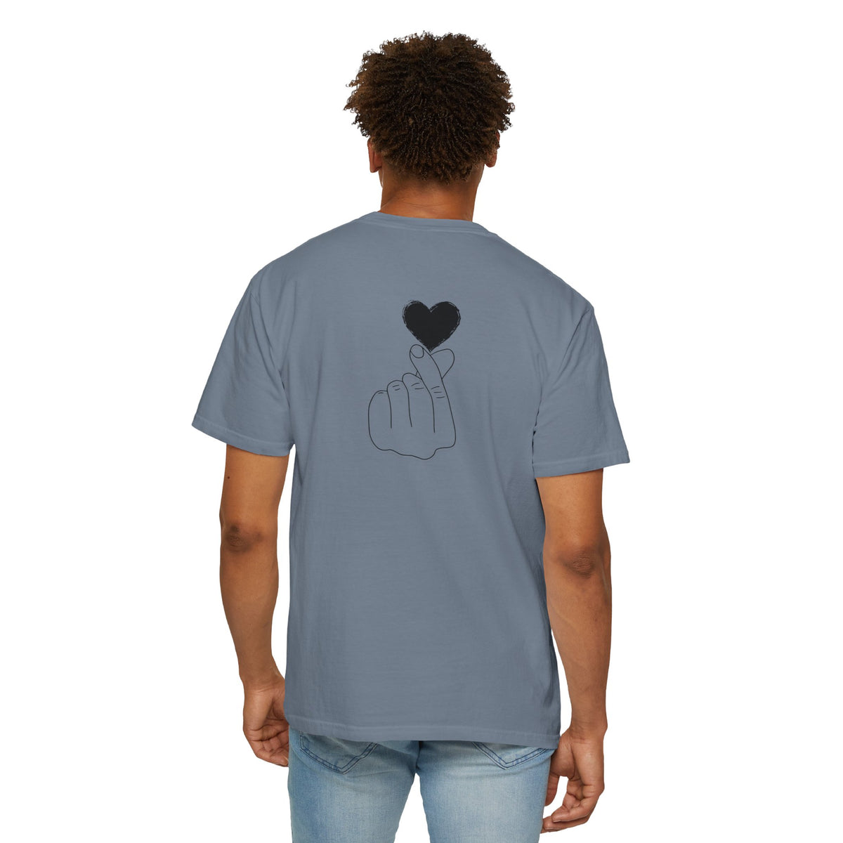 Black T-shirt featuring a minimal white finger heart graphic, designed by Printify, showcasing a simple and stylish heart symbol.