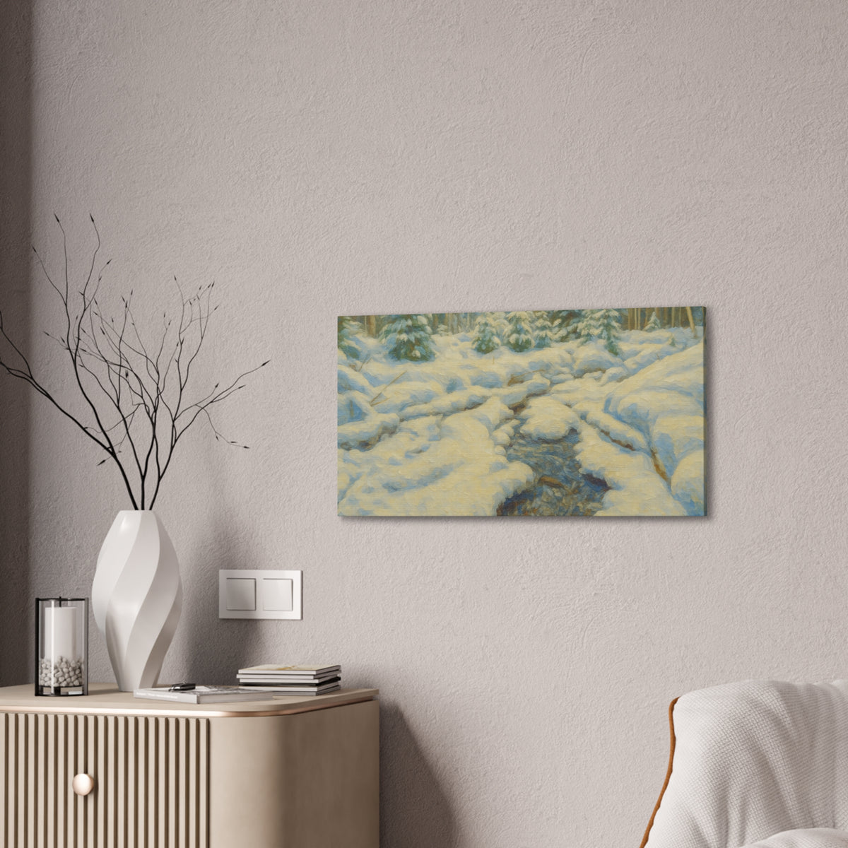 Snowy forest stream winter landscape canvas wall art by Printify showing a serene snow-covered forest scene with a flowing stream.