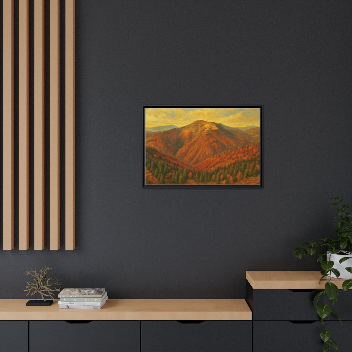 Autumn mountain matte canvas framed wall art by Printify featuring a scenic mountain landscape in warm autumn colors.