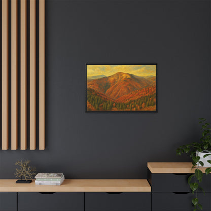 Autumn mountain matte canvas framed wall art by Printify featuring a scenic mountain landscape in warm autumn colors.