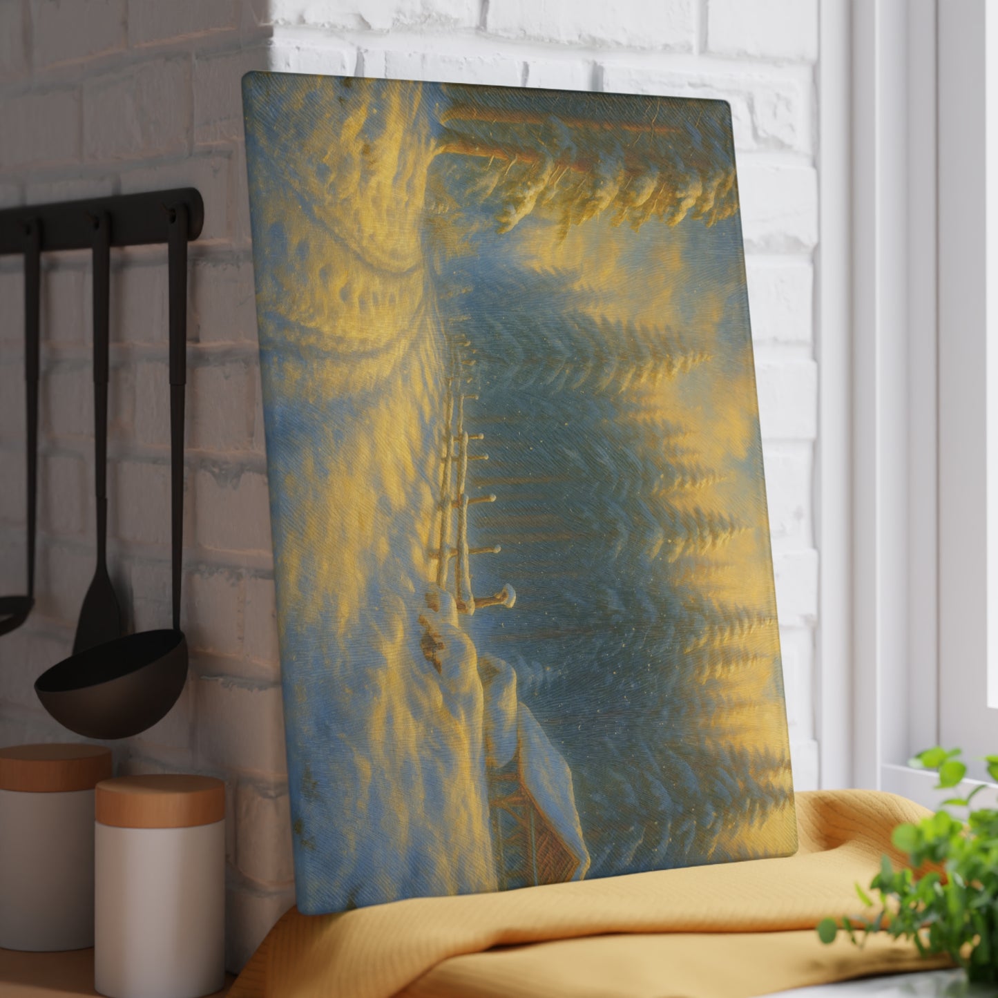Winter Cabin Glass Cutting Board – Snowy Forest Scenic Kitchen Décor